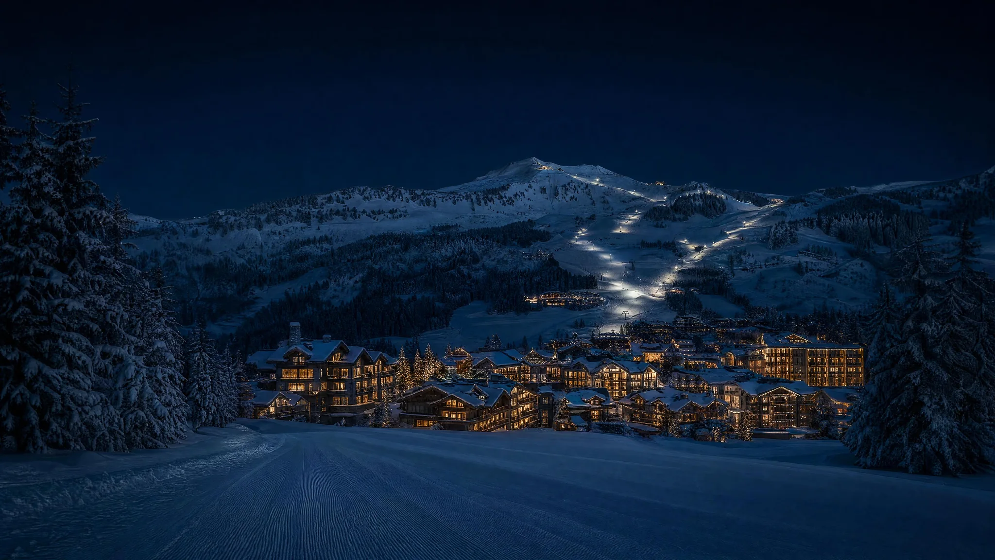 Courchevel 1850 at blue hour, the chalets lit beneath the snow-covered slopes.