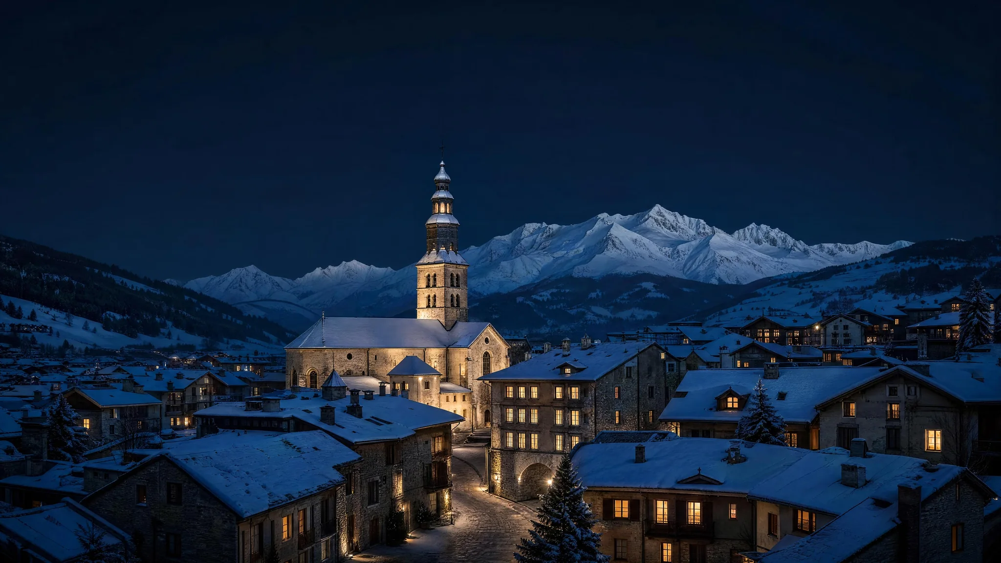 Megève at blue hour, an illustration of the resort.