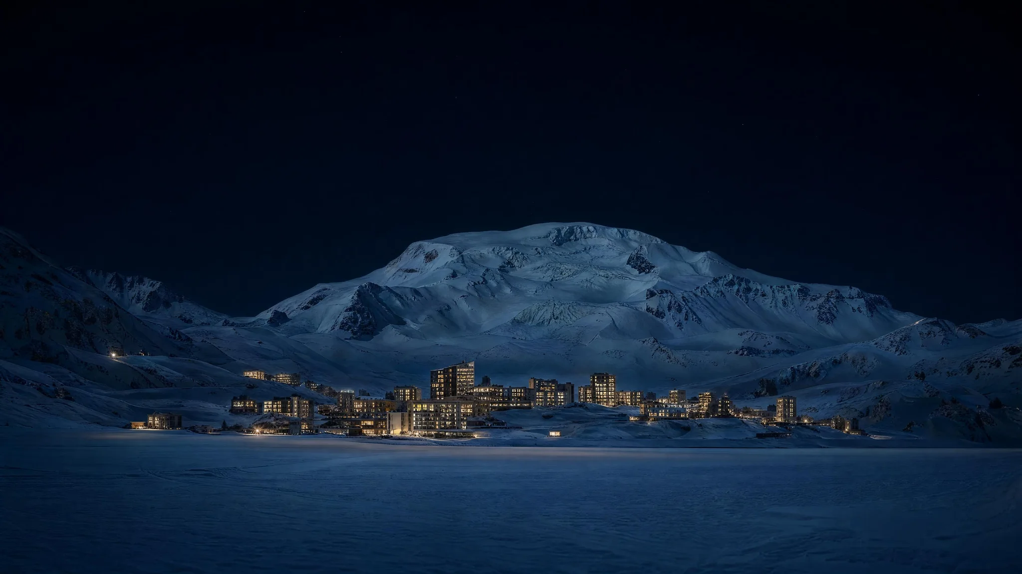 Une Mercedes Classe V noire à l’arrêt devant les immeubles enneigés de Tignes le Lac, au bord du lac gelé, en fin de journée.