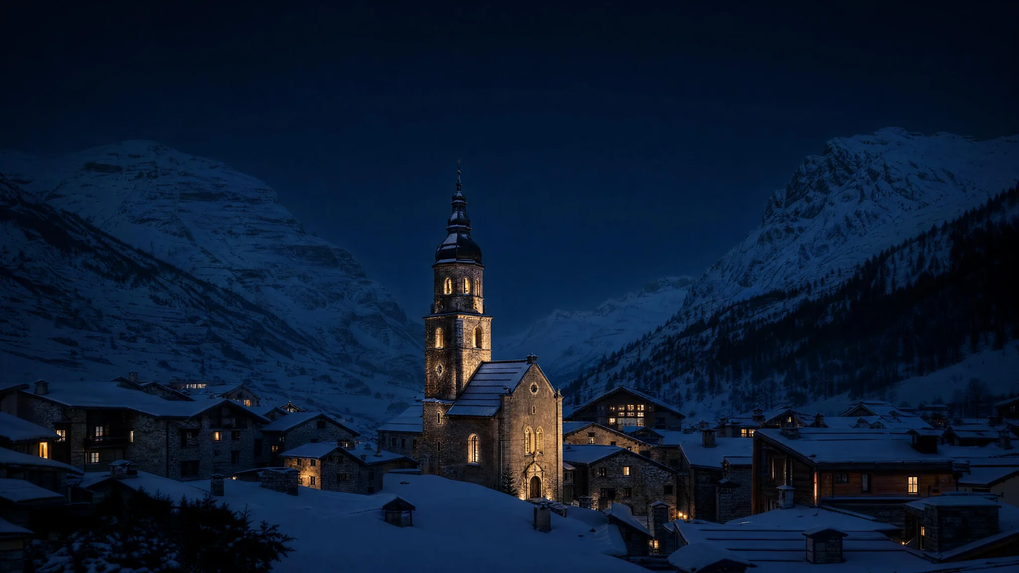 Un van Mercedes noir sur la route de Val d’Isère, au-dessus de la Haute-Tarentaise, en fin d’après-midi d’hiver.